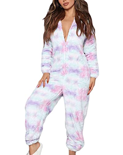 Minetom Damen Jumpsuit Kuschelig Einteiler Schlafanzug Drucken Pyjama Mit Kapuze Overall Weihnachten Schlafanzug Lang Weihnachtspyjama Hausanzug Freizeitanzug A Mehrfarbig XL von Minetom