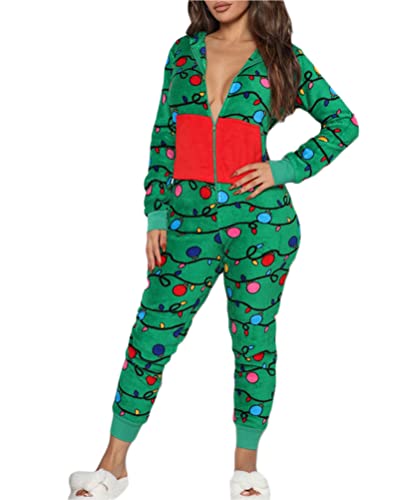 Minetom Damen Jumpsuit Kuschelig Einteiler Schlafanzug Drucken Pyjama Mit Kapuze Overall Weihnachten Schlafanzug Lang Weihnachtspyjama Hausanzug Freizeitanzug B Grün 2 XL von Minetom