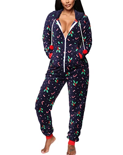 Minetom Damen Jumpsuit Kuschelig Einteiler Schlafanzug Drucken Pyjama Mit Kapuze Overall Weihnachten Schlafanzug Lang Weihnachtspyjama Hausanzug Freizeitanzug B Marine M von Minetom