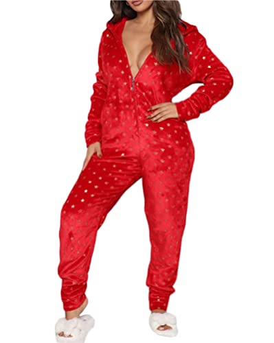 Minetom Damen Jumpsuit Kuschelig Einteiler Schlafanzug Drucken Pyjama Mit Kapuze Overall Weihnachten Schlafanzug Lang Weihnachtspyjama Hausanzug Freizeitanzug B Rot 1 L von Minetom