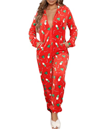 Minetom Damen Jumpsuit Kuschelig Einteiler Schlafanzug Drucken Pyjama Mit Kapuze Overall Weihnachten Schlafanzug Lang Weihnachtspyjama Hausanzug Freizeitanzug B Rot 2 L von Minetom