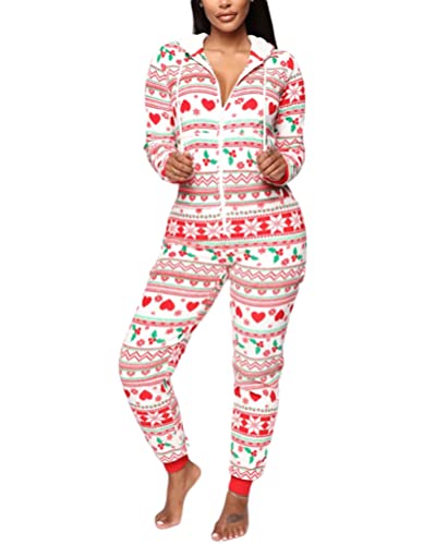 Minetom Damen Jumpsuit Kuschelig Einteiler Schlafanzug Drucken Pyjama Mit Kapuze Overall Weihnachten Schlafanzug Lang Weihnachtspyjama Hausanzug Freizeitanzug B Weiß L von Minetom