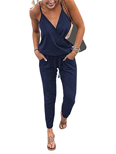 Minetom Damen Jumpsuit Lang V Ausschnitt Overall Sommer Ärmellos Hosenanzug Träger Playsuit Romper mit Taschen B Marine XS von Minetom