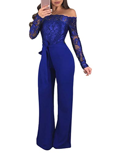 Minetom Damen Jumpsuit Schulterfrei Bogen-Bügel Gürtel Spitze Overalls Elegant Langarm Strampler Hohe Taille Lange Hosen Festlich Hochzeit Playsuit Blau DE 40 von Minetom