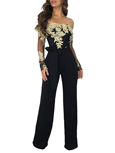 Minetom Damen Jumpsuit Schulterfrei Bogen-Bügel Gürtel Spitze Overalls Elegant Langarm Strampler Hohe Taille Lange Hosen Festlich Hochzeit Playsuit Gold Schwarz DE 36 von Minetom