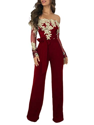 Minetom Damen Jumpsuit Schulterfrei Bogen-Bügel Gürtel Spitze Overalls Elegant Langarm Strampler Hohe Taille Lange Hosen Festlich Hochzeit Playsuit Gold Weinrot DE 36 von Minetom