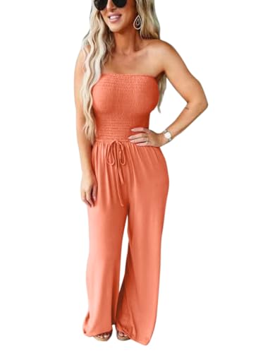 Minetom Damen Jumpsuit Sommer Ärmellos Bandeau Overall Hosenanzug Schulterfrei Playsuit Weites Bein Hose Casual Lang Romper mit Taschen A Orange XXL von Minetom