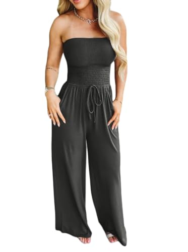 Minetom Damen Jumpsuit Sommer Ärmellos Bandeau Overall Hosenanzug Schulterfrei Playsuit Weites Bein Hose Casual Lang Romper mit Taschen A Schwarz L von Minetom