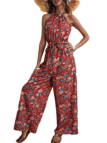 Minetom Damen Jumpsuit Sommer Overall Druck Romper Playsuit Sommer Lose Neckholder Ärmellos Hohe Taille Lange Hosen Einteiler D Rot M von Minetom