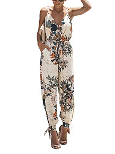 Minetom Damen Jumpsuit V Ausschnitt Overall Blumen Ärmellos Playsuit Split Hosenanzug Romper Sommer Kordelzug A Blumen Beige XS von Minetom