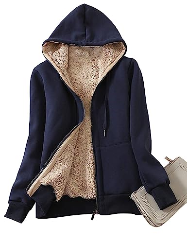 Minetom Damen Kapuzenjacke Kuschelig Warmer Innenfutter Sweatjacke Reißverschluss Kapuzenpullover Basic Bequem Outwear Frauen Hoodie Oberteile mit Kapuzen und Zip Herbst Winter A Blau XL von Minetom