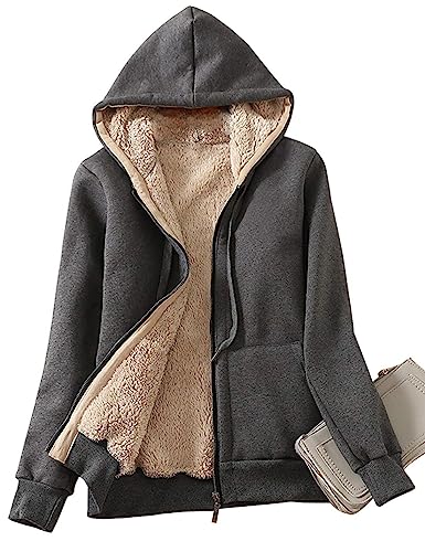 Minetom Damen Kapuzenjacke Kuschelig Warmer Innenfutter Sweatjacke Reißverschluss Kapuzenpullover Basic Bequem Outwear Frauen Hoodie Oberteile mit Kapuzen und Zip Herbst Winter A Dunkelgrau S von Minetom