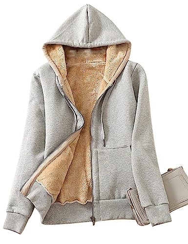 Minetom Damen Kapuzenjacke Kuschelig Warmer Innenfutter Sweatjacke Reißverschluss Kapuzenpullover Basic Bequem Outwear Frauen Hoodie Oberteile mit Kapuzen und Zip Herbst Winter A Grau L von Minetom