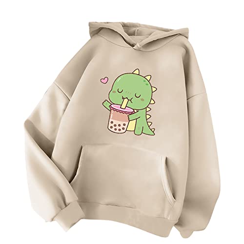 Minetom Damen Kapuzenpullover Langarm Hoodie Kawaii Dinosaurier Hoodies Pulli Teenager Mädchen Mode Casual Sweatshirt Herbst Winter Warme Oberteile mit Kapuze Kordel und Taschen A Beige L von Minetom