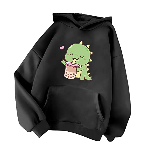 Minetom Damen Kapuzenpullover Langarm Hoodie Kawaii Dinosaurier Hoodies Pulli Teenager Mädchen Mode Casual Sweatshirt Herbst Winter Warme Oberteile mit Kapuze Kordel und Taschen A Schwarz XL von Minetom