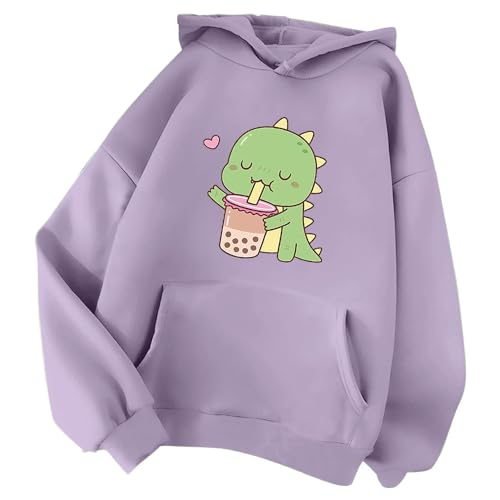 Minetom Damen Kapuzenpullover Langarm Hoodie Kawaii Dinosaurier Hoodies Pulli Teenager Mädchen Mode Casual Sweatshirt Herbst Winter Warme Oberteile mit Kapuze Kordel und Taschen A Violett XL von Minetom