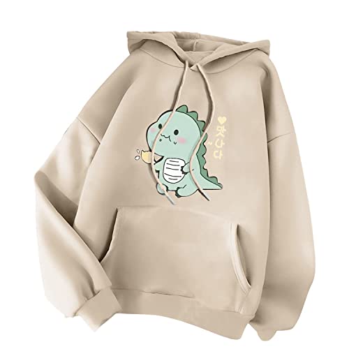 Minetom Damen Kapuzenpullover Langarm Hoodie Kawaii Dinosaurier Hoodies Pulli Teenager Mädchen Mode Casual Sweatshirt Herbst Winter Warme Oberteile mit Kapuze Kordel und Taschen C Beige S von Minetom