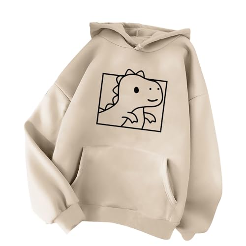 Minetom Damen Kapuzenpullover Langarm Hoodie Kawaii Dinosaurier Hoodies Pulli Teenager Mädchen Mode Casual Sweatshirt Herbst Winter Warme Oberteile mit Kapuze Kordel und Taschen E Beige XL von Minetom