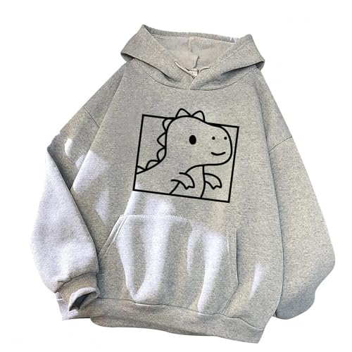 Minetom Damen Kapuzenpullover Langarm Hoodie Kawaii Dinosaurier Hoodies Pulli Teenager Mädchen Mode Casual Sweatshirt Herbst Winter Warme Oberteile mit Kapuze Kordel und Taschen E Grau L von Minetom