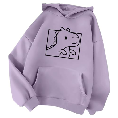 Minetom Damen Kapuzenpullover Langarm Hoodie Kawaii Dinosaurier Hoodies Pulli Teenager Mädchen Mode Casual Sweatshirt Herbst Winter Warme Oberteile mit Kapuze Kordel und Taschen E Lila L von Minetom