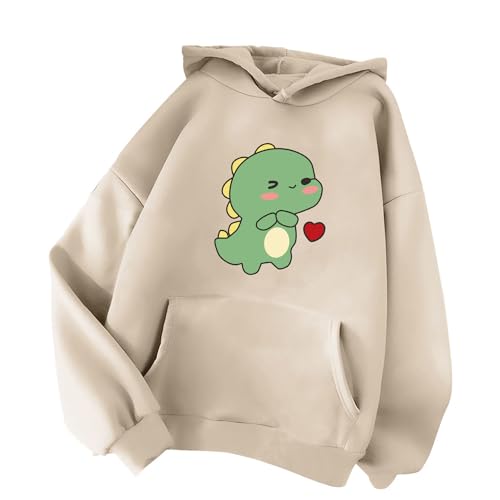 Minetom Damen Kapuzenpullover Langarm Hoodie Kawaii Dinosaurier Hoodies Pulli Teenager Mädchen Mode Casual Sweatshirt Herbst Winter Warme Oberteile mit Kapuze Kordel und Taschen F Beige M z von Minetom