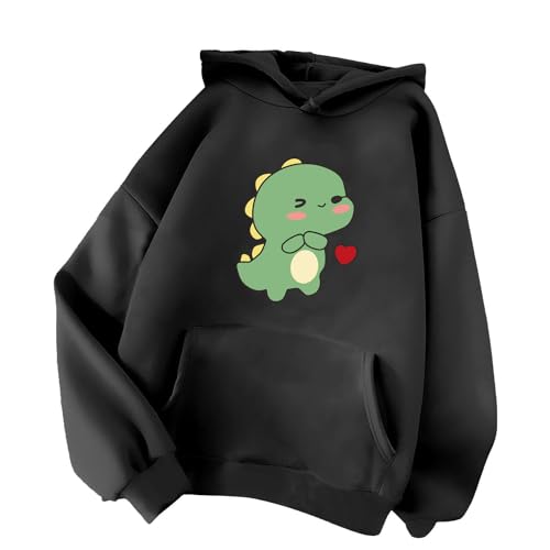 Minetom Damen Kapuzenpullover Langarm Hoodie Kawaii Dinosaurier Hoodies Pulli Teenager Mädchen Mode Casual Sweatshirt Herbst Winter Warme Oberteile mit Kapuze Kordel und Taschen F Schwarz XS von Minetom