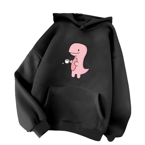 Minetom Damen Kapuzenpullover Langarm Hoodie Kawaii Dinosaurier Hoodies Pulli Teenager Mädchen Mode Casual Sweatshirt Herbst Winter Warme Oberteile mit Kapuze Kordel und Taschen G Schwarz XS von Minetom