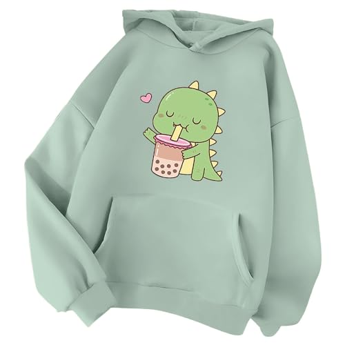 Minetom Damen Kapuzenpullover Langarm Hoodie Kawaii Dinosaurier Hoodies Pulli Teenager Mädchen Mode Casual Sweatshirt Herbst Winter Warme Oberteile mit Kapuze Kordel und Taschen a Hellgrün XS z von Minetom