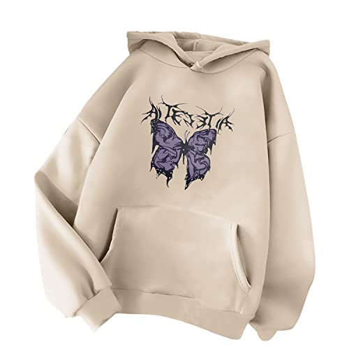 Minetom Damen Kapuzenpullover Langarm Hoodie Kawaii Schmetterling Hoodies Pulli Teenager Mädchen Mode Casual Sweatshirt Herbst Winter Warme Oberteile mit Kapuze Kordel und Taschen B Beige L von Minetom