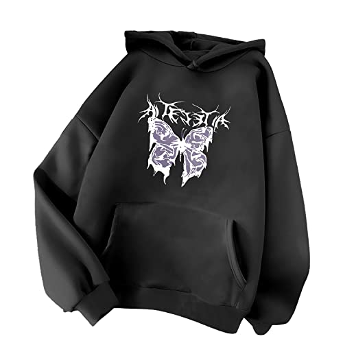 Minetom Damen Kapuzenpullover Langarm Hoodie Kawaii Schmetterling Hoodies Pulli Teenager Mädchen Mode Casual Sweatshirt Herbst Winter Warme Oberteile mit Kapuze Kordel und Taschen B Schwarz XXL von Minetom