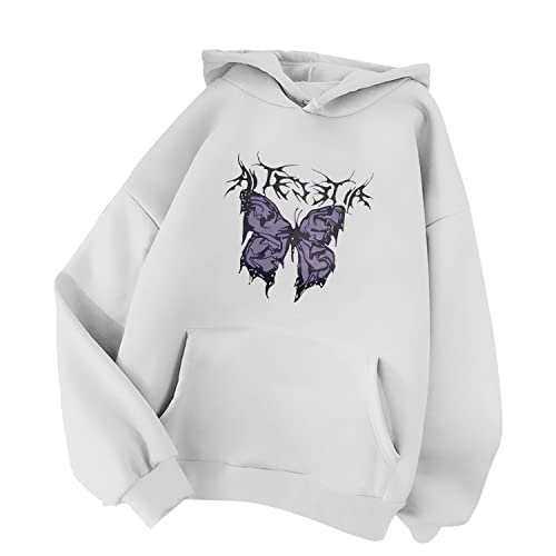 Minetom Damen Kapuzenpullover Langarm Hoodie Kawaii Schmetterling Hoodies Pulli Teenager Mädchen Mode Casual Sweatshirt Herbst Winter Warme Oberteile mit Kapuze Kordel und Taschen B Weiß L von Minetom