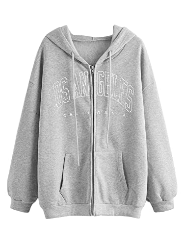 Minetom Damen Kapuzenpullover Langarm Oversized lose Hoodie Sweatshirt Kapuzenjacke Zip Up Jacke Pullover Oberteile mit Taschen Sweatjacke mit Reißverschluss und Kordelzug Hip Hop Style A Grau L von Minetom