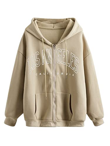 Minetom Damen Kapuzenpullover Langarm Oversized lose Hoodie Sweatshirt Kapuzenjacke Zip Up Jacke Pullover Oberteile mit Taschen Sweatjacke mit Reißverschluss und Kordelzug Hip Hop Style A Khaki XL z von Minetom