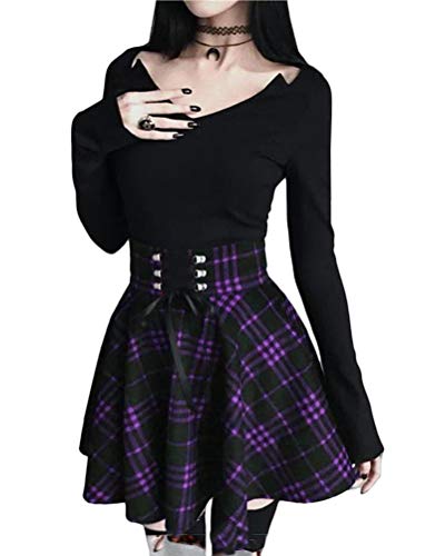 Minetom Damen Kariert Kilt-Rock Faltenröcke Tartan Minirock Hohe Taille Kurz Skirt Skater Rock Informell Mini Glocken Rock (M, A Violett) von Minetom