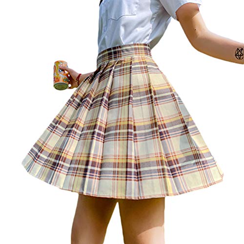 Minetom Damen Kariert Kilt-Rock Faltenröcke Tartan Minirock Hohe Taille Kurz Skirt Skater Rock Informell Mini Glocken Rock Gelb L von Minetom