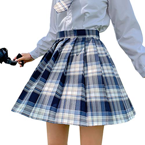 Minetom Damen Kariert Kilt-Rock Faltenröcke Tartan Minirock Hohe Taille Kurz Skirt Skater Rock Informell Mini Glocken Rock Marine L von Minetom