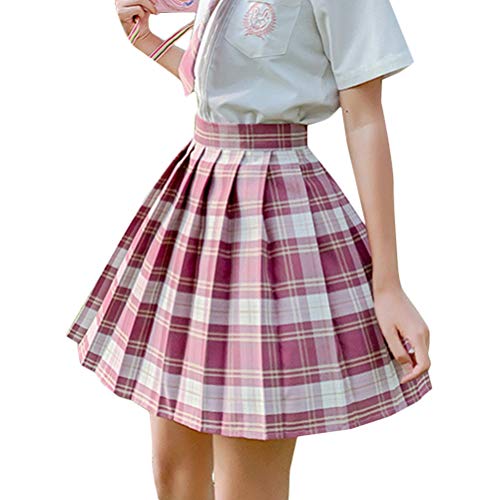 Minetom Damen Kariert Kilt-Rock Faltenröcke Tartan Minirock Hohe Taille Kurz Skirt Skater Rock Informell Mini Glocken Rock Rosa L von Minetom