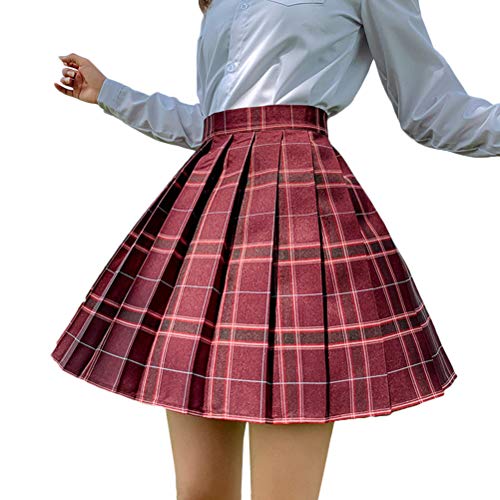 Minetom Damen Kariert Kilt-Rock Faltenröcke Tartan Minirock Hohe Taille Kurz Skirt Skater Rock Informell Mini Glocken Rock Weinrot L von Minetom