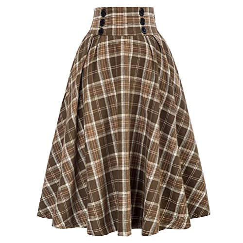 Minetom Damen Kariert Midi Faltenrock Hohe Taille A-Linie Lang Rock Plaid Midi Rock Vintage Swing Rock Rockabilly Skirt A Gelb M von Minetom