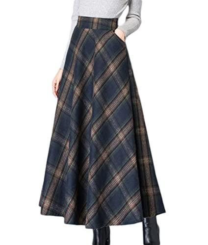 Minetom Damen Kariert Rock Tartan Retro Maxirock Hohe Taille Schottenkaro Rock Ausgestellte Form Vintage Karierte Long Rock Swing Röcke A Marine M von Minetom