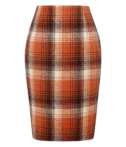 Minetom Damen Kariert Röcke Büro Rock Bleistift Figurbetont Knielang Rock Mit Plaid A Linie Hohe Taille Herbstrock Hinter Schlitz Herbst Freizeitrock Bleistiftrock Arbeitsrock A Orange XS von Minetom