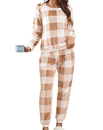 Minetom Damen Kariert Schlafanzug Lang Pyjama Set Flanell Herbst Winter Warm Fleece Nachtwäsche Zweiteiliger Loungewear Hausanzug Plüsch Langarm Shirt und Hose 2 Stück A Beige XS von Minetom