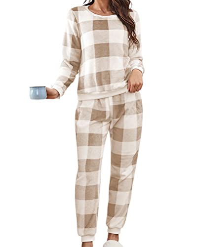 Minetom Damen Kariert Schlafanzug Lang Pyjama Set Flanell Herbst Winter Warm Fleece Nachtwäsche Zweiteiliger Loungewear Hausanzug Plüsch Langarm Shirt und Hose 2 Stück A Braun L von Minetom