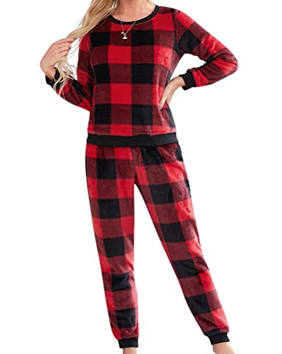 Minetom Damen Kariert Schlafanzug Lang Pyjama Set Flanell Herbst Winter Warm Fleece Nachtwäsche Zweiteiliger Loungewear Hausanzug Plüsch Langarm Shirt und Hose 2 Stück A Rot L von Minetom