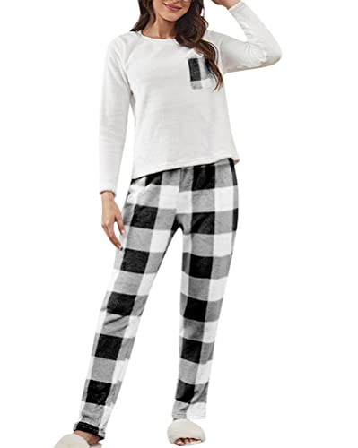 Minetom Damen Kariert Schlafanzug Lang Pyjama Set Flanell Herbst Winter Warm Fleece Nachtwäsche Zweiteiliger Loungewear Hausanzug Plüsch Langarm Shirt und Hose 2 Stück B Schwarz M von Minetom