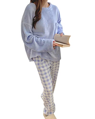 Minetom Damen Kariert Schlafanzug Lang Pyjama Set Flanell Herbst Winter Warm Fleece Nachtwäsche Zweiteiliger Loungewear Hausanzug Plüsch Langarm Shirt und Hose 2 Stück C Blau L von Minetom