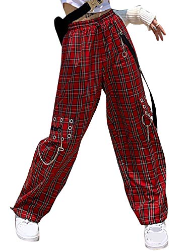 Minetom Damen Karierte Hose Frauen Jogging Hose Lange Cargo Trainingshose Sporthose Plaid Oversize Hohe Taille Hose mit Weitem Bein Streetwear I Rot L von Minetom