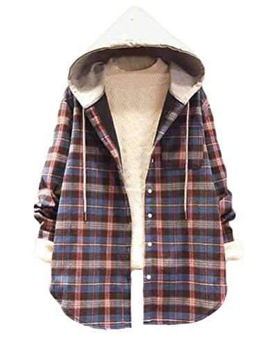 Minetom Damen Kariertes Knöpfen Mantel Oversized Hemdjacke Hoodie Kapuzenjacke Plaid Plüsch Fleece Gefüttert Jacke Herbst Winter Bluse C Blau M von Minetom