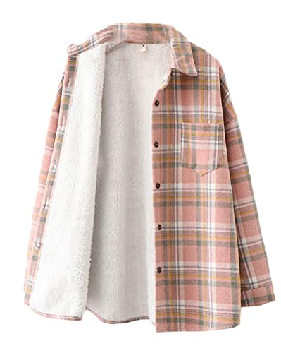 Minetom Damen Kariertes Knöpfen Taschen Mantel Hemdjacke Holzfällerjacke Plaid Plüsch Fleece Gefüttert Jacke Herbst Winter Bluse A Rosa S von Minetom