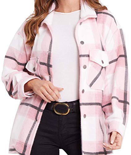 Minetom Damen Kariertes Taschen Knöpfen Langarm Oversize Bluse Mantel Hemdjacke Holzfällerjacke Boyfriend Brusttaschen Jacke Mantel D Rosa S von Minetom